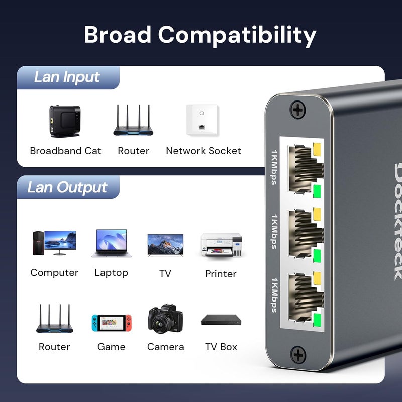 Dockteck Ethernet Splitter 1 to 3 1000Mbps, Internet Cable Splitter 1 in 3 Out High Speed Switch Network Gigabit for LAN RJ45 Port Router Switch Work with Cat5/5e/6/7/8 Cable(Silver Grey) - Image 2